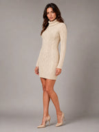 Women's Cable Knit Jumper Dress – Roll Neck Style in Beige – Hover view