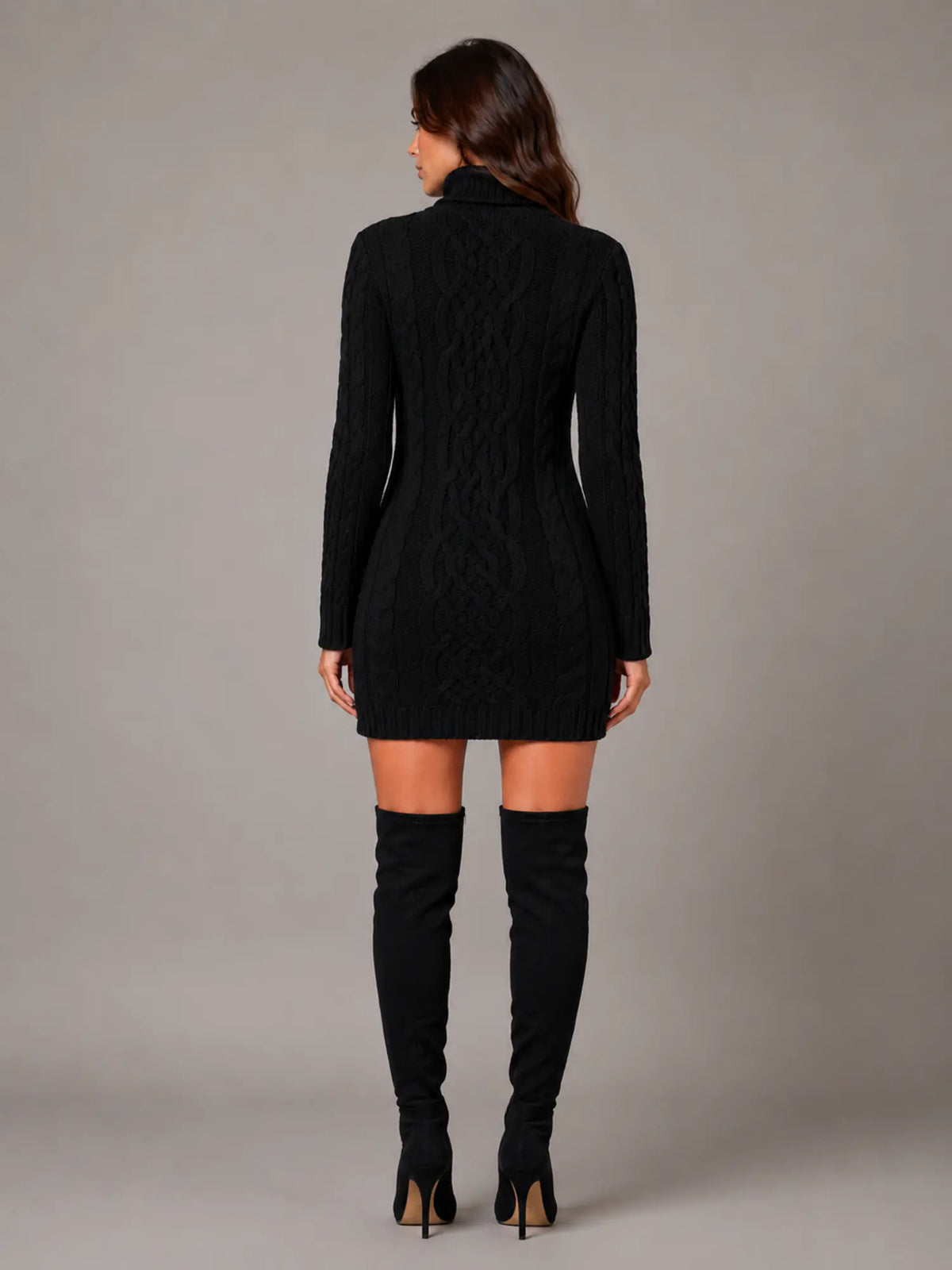 Women's Cable Knit Jumper Dress – Roll Neck Style in Black – Back view