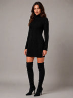 Women's Cable Knit Jumper Dress – Roll Neck Style in Black – Hover view