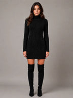 Women's Cable Knit Jumper Dress – Roll Neck Style in Black – Main view
