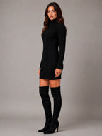 Women's Cable Knit Jumper Dress – Roll Neck Style in Black – Side view