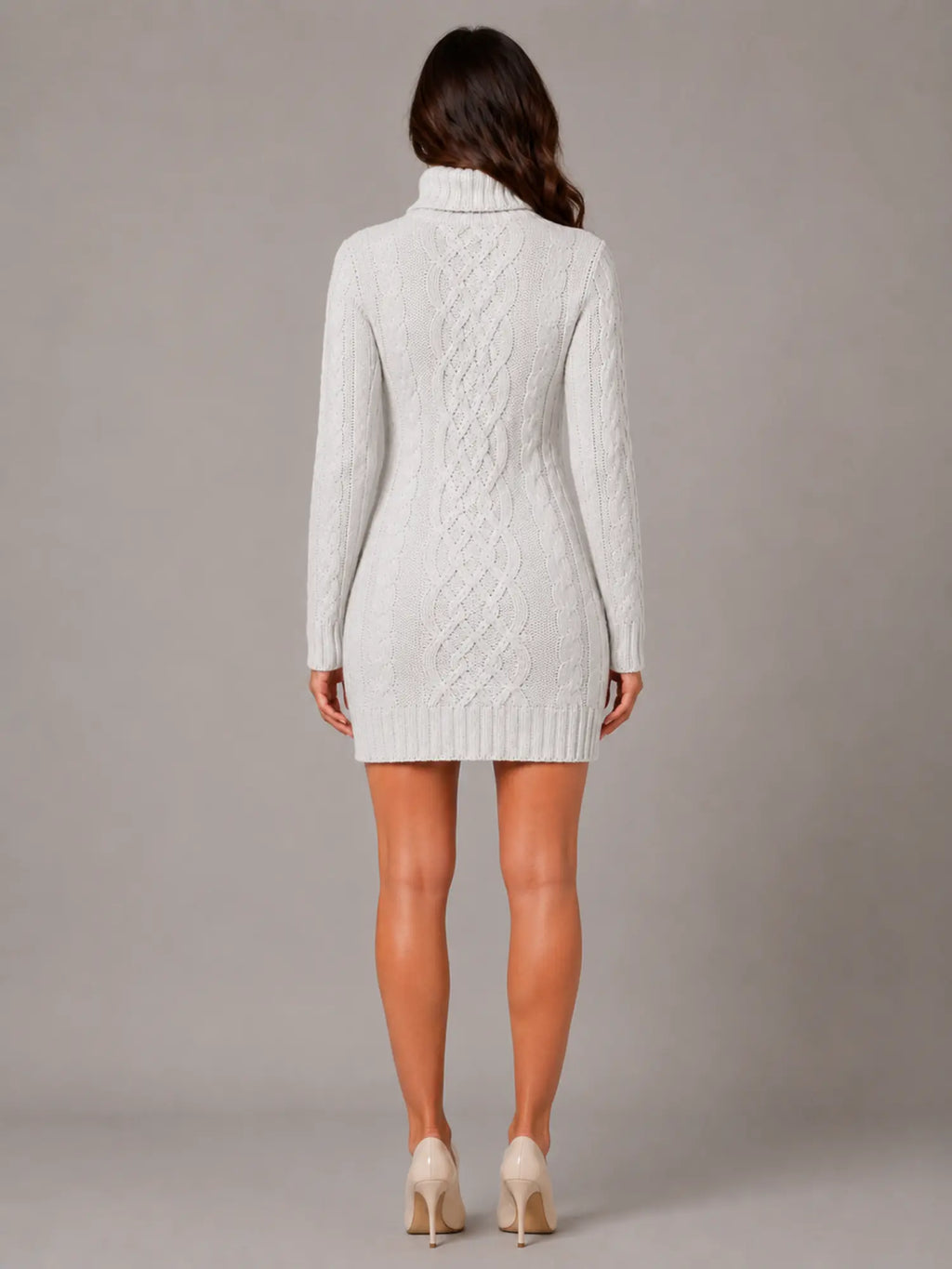 Women's Cable Knit Jumper Dress – Roll Neck Style in Cream – Back view