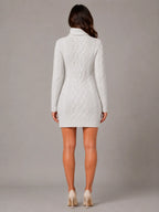 Women's Cable Knit Jumper Dress – Roll Neck Style in Cream – Back view