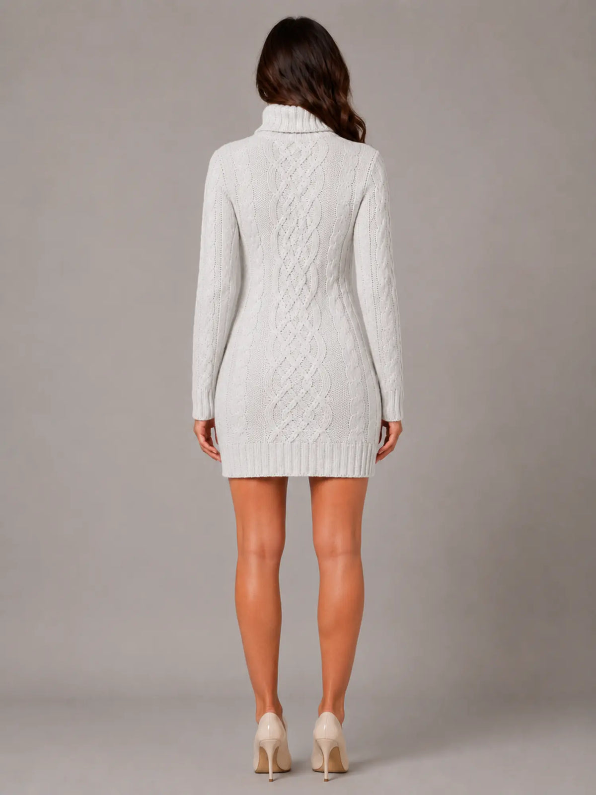 Women's Cable Knit Jumper Dress – Roll Neck Style in Cream – Back view
