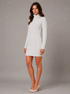 Women's Cable Knit Jumper Dress – Roll Neck Style in Cream – Hover view