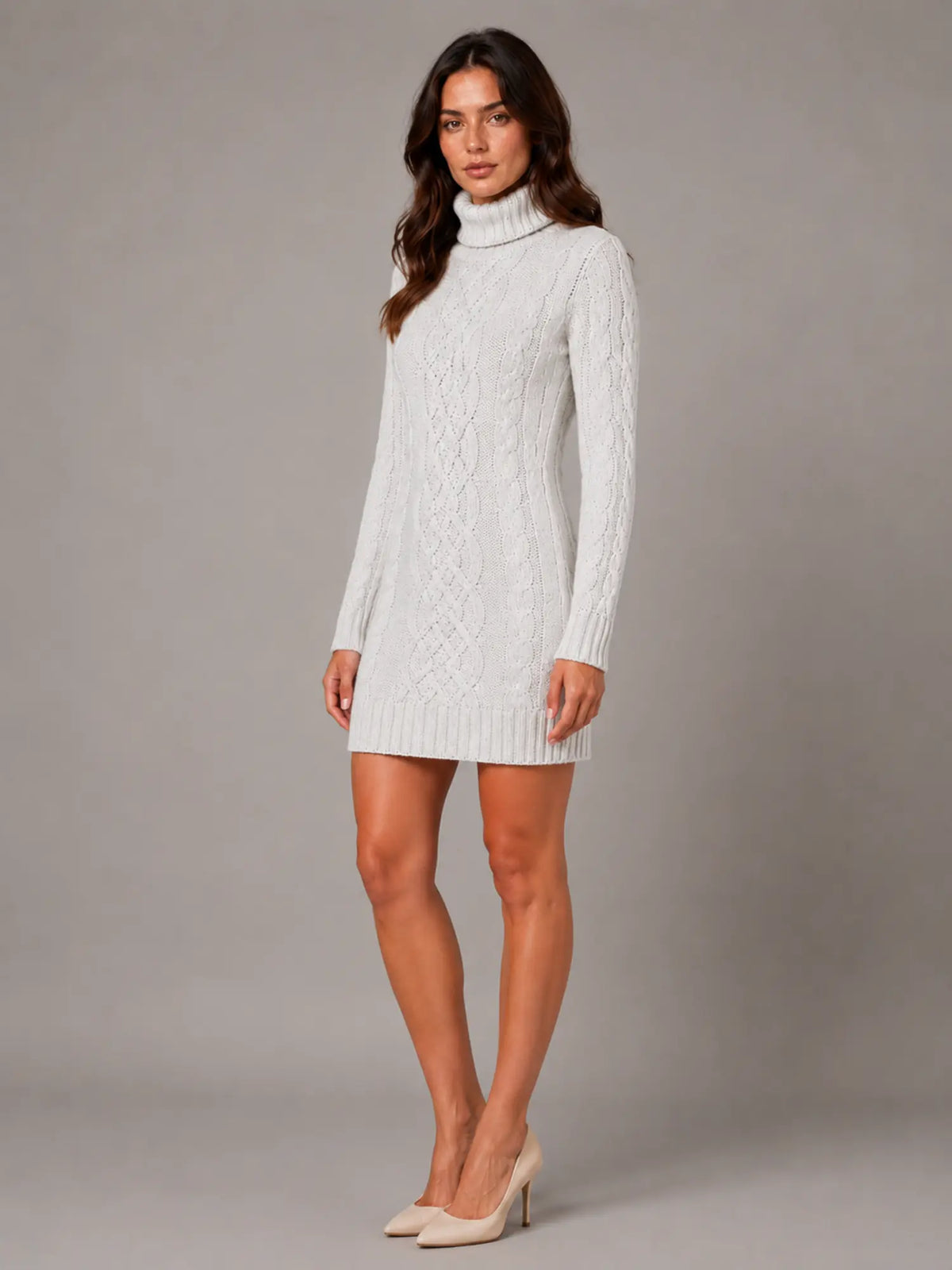 Women's Cable Knit Jumper Dress – Roll Neck Style in Cream – Hover view