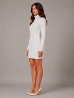 Women's Cable Knit Jumper Dress – Roll Neck Style in Cream – Side view