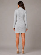 Women's Cable Knit Jumper Dress – Roll Neck Style in Grey – Back view