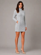 Women's Cable Knit Jumper Dress – Roll Neck Style in Grey – Hover view
