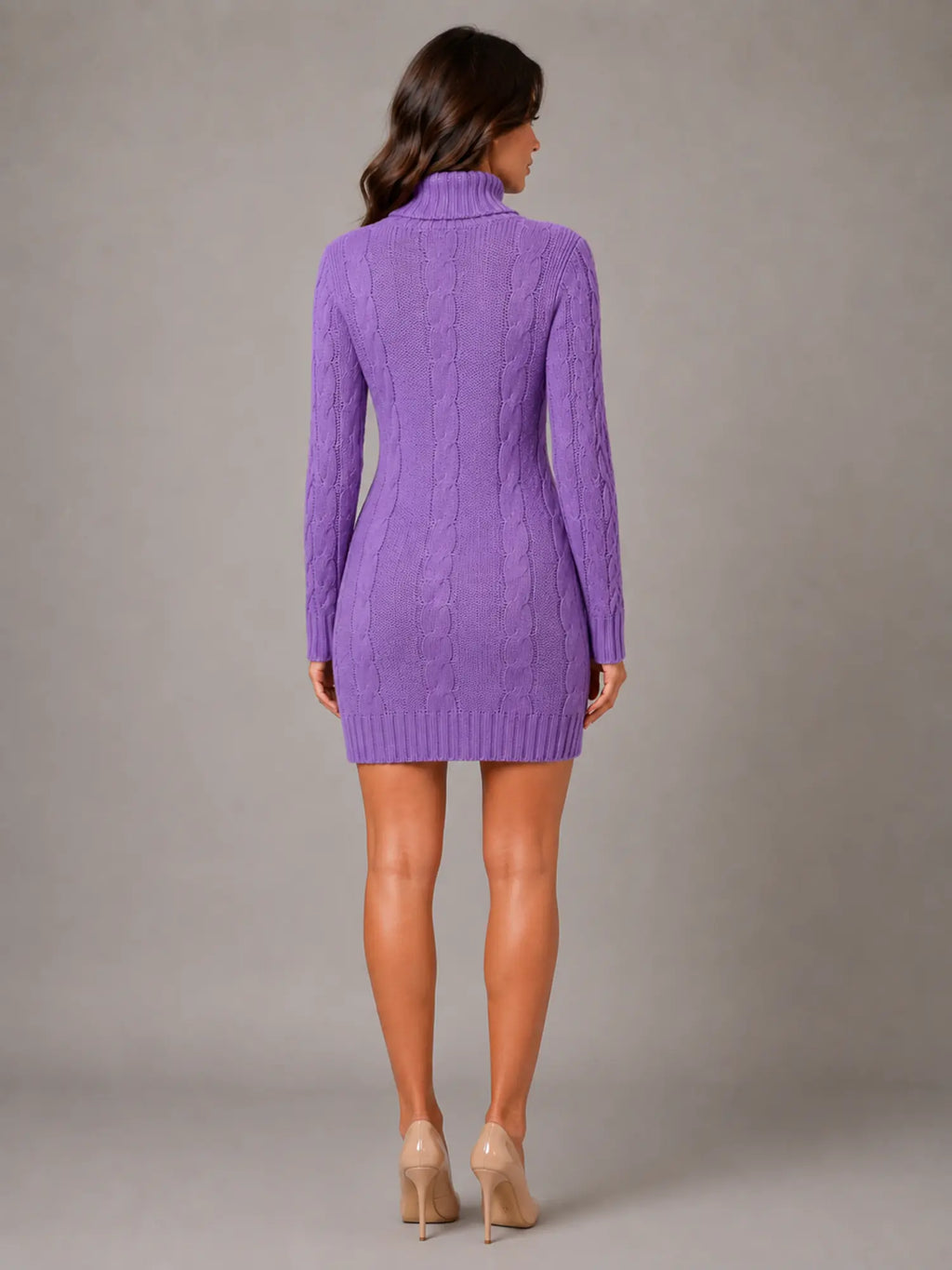 Women's Cable Knit Jumper Dress – Roll Neck Style in Lilac – Back view