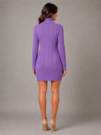Women's Cable Knit Jumper Dress – Roll Neck Style in Lilac – Back view