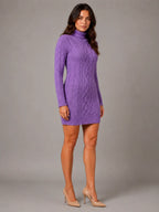 Women's Cable Knit Jumper Dress – Roll Neck Style in Lilac – Hover view