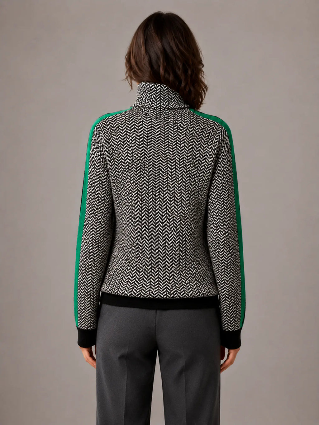 Women's Herringbone Jumper – Soft Knit Turtleneck in Green – Back view