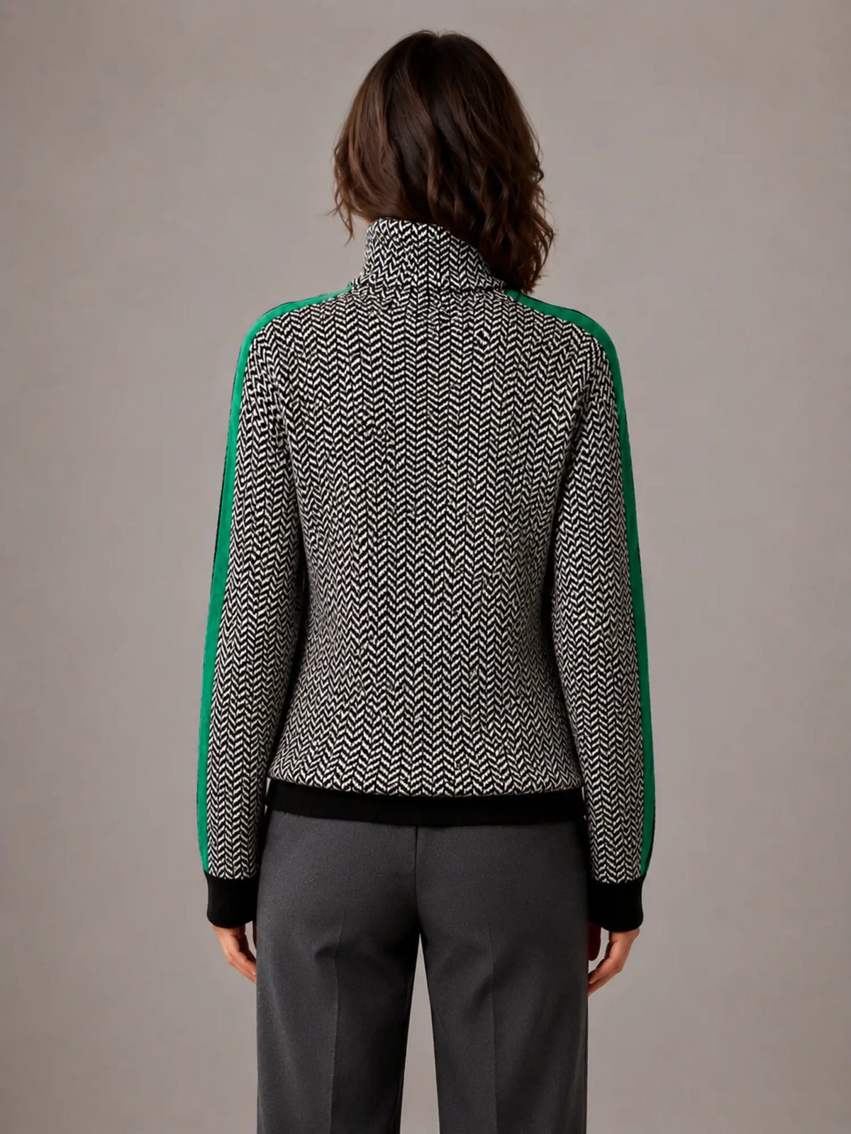 Women's Herringbone Jumper – Soft Knit Turtleneck in Green – Back view