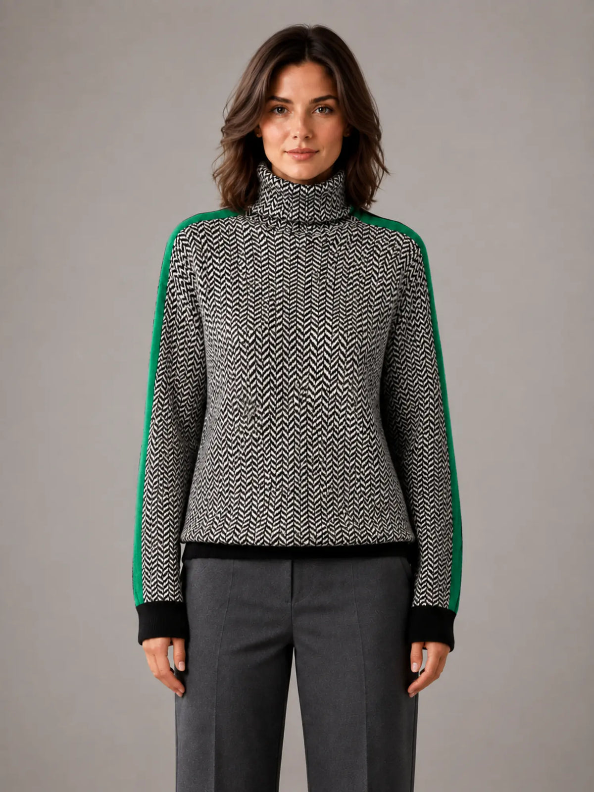 Women's Herringbone Jumper – Soft Knit Turtleneck in Green – Main view