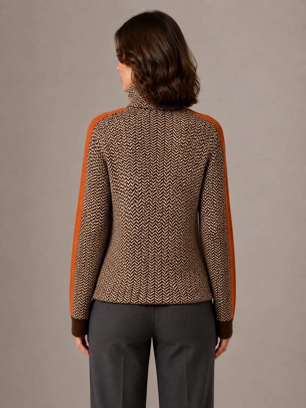 Women's Herringbone Jumper – Soft Knit Turtleneck in Orange – Back view