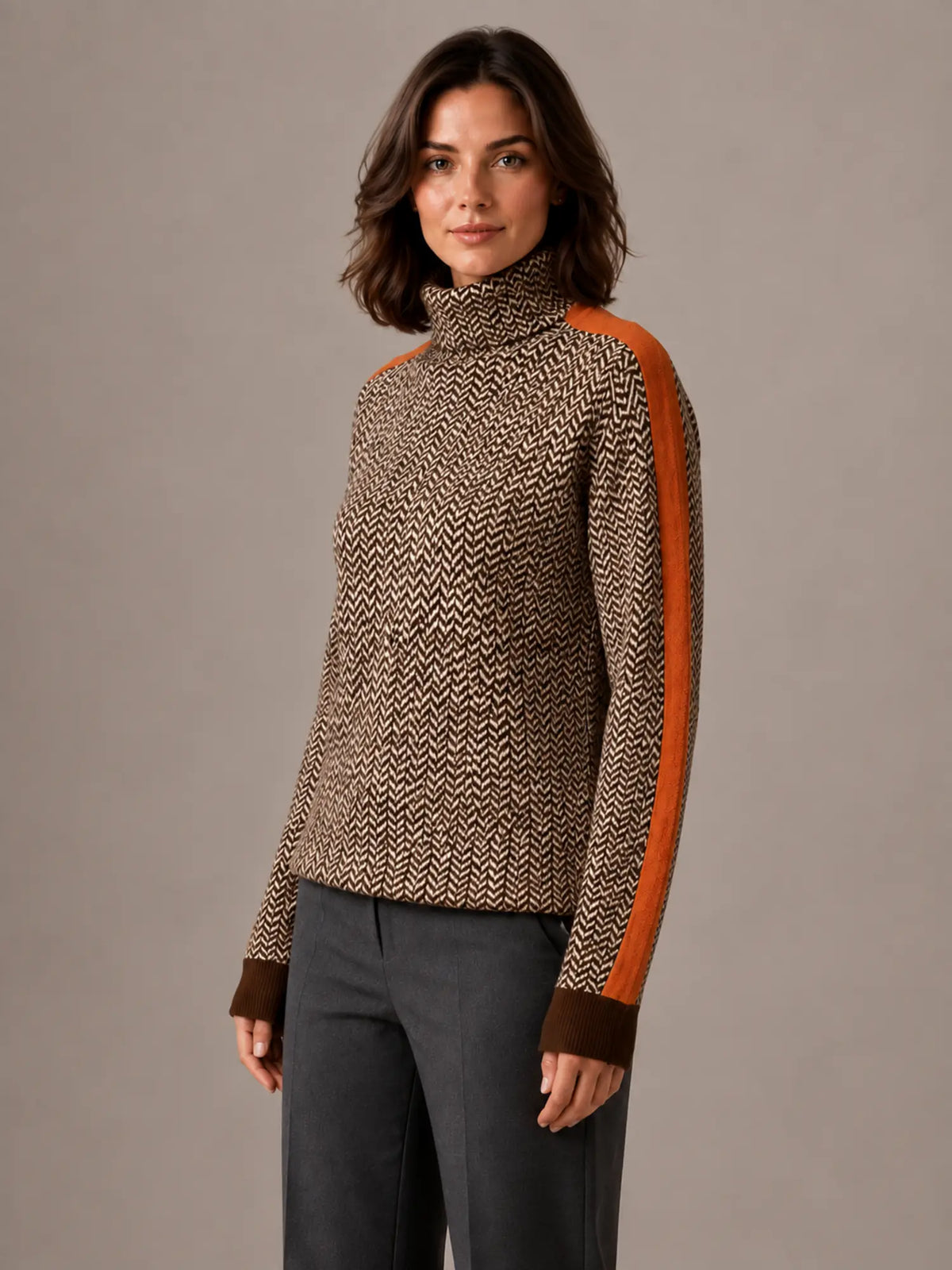 Women's Herringbone Jumper – Soft Knit Turtleneck in Orange – Hover view
