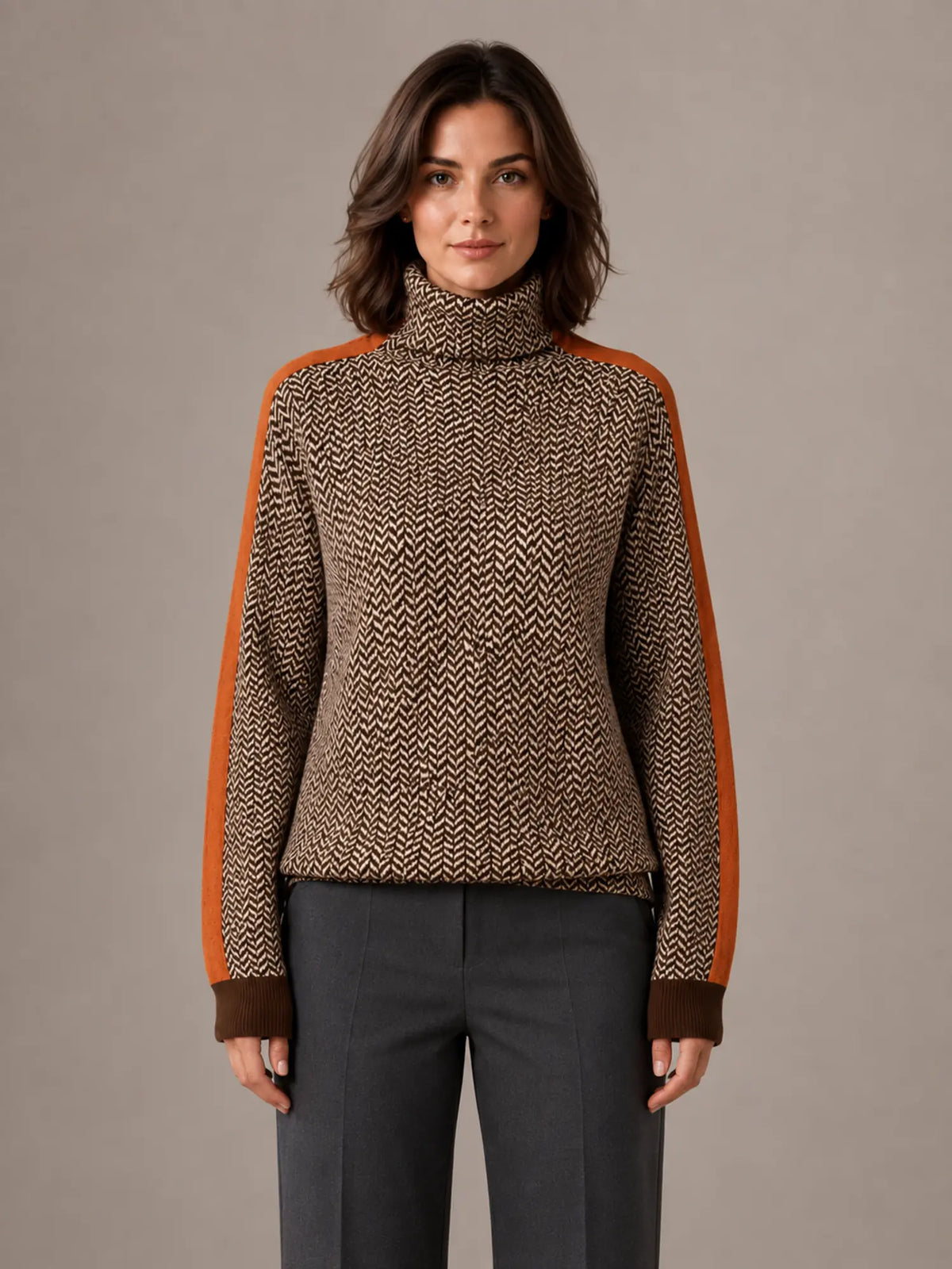 Women's Herringbone Jumper – Soft Knit Turtleneck in Orange – Main view