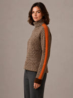 Women's Herringbone Jumper – Soft Knit Turtleneck in Orange – Side view