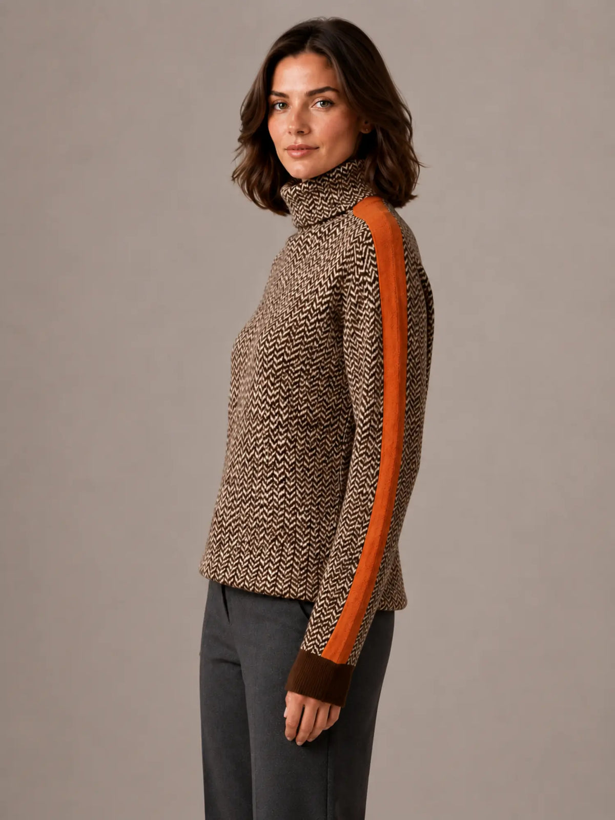 Women's Herringbone Jumper – Soft Knit Turtleneck in Orange – Side view