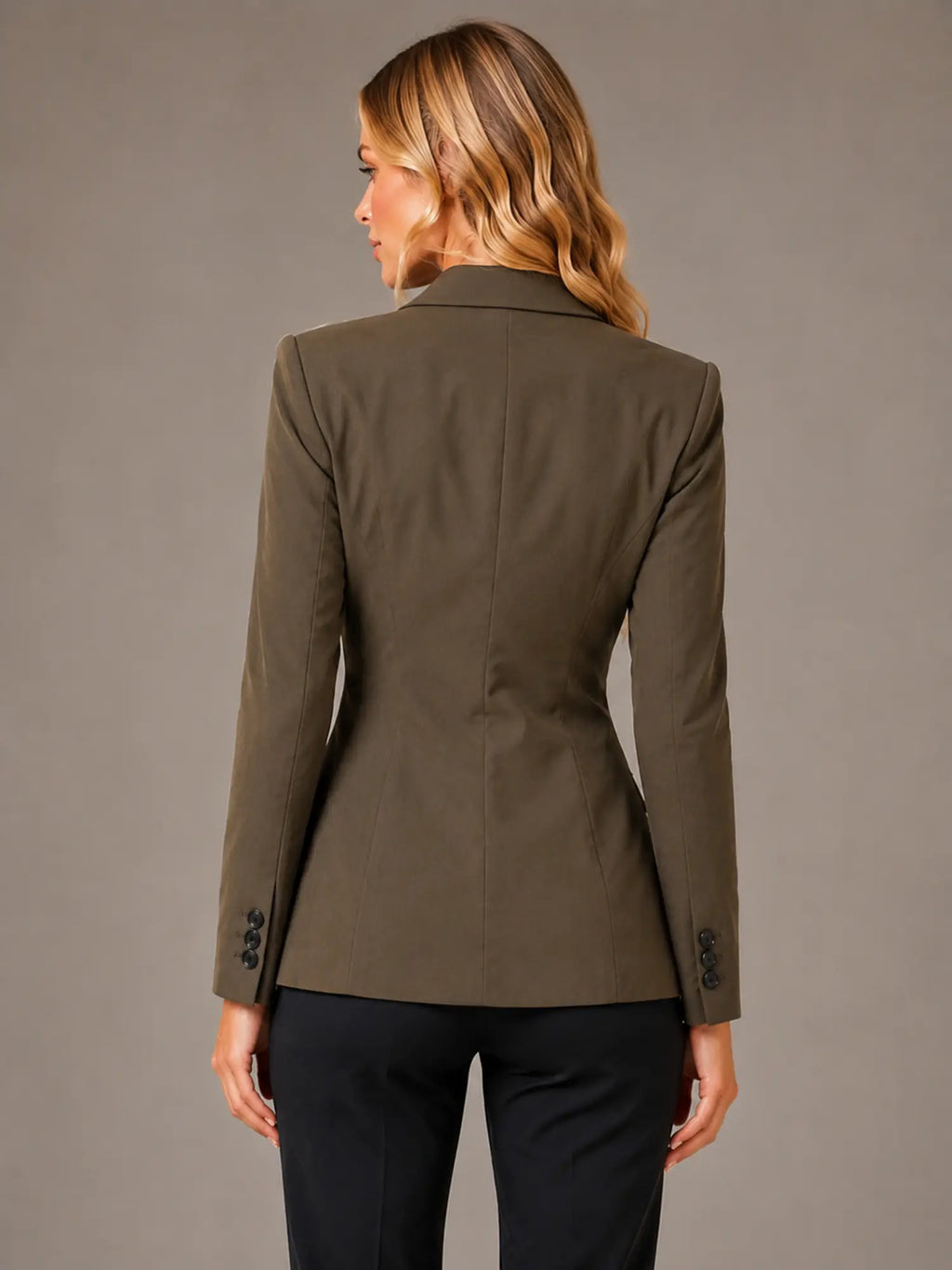 Women's Tailored Blazer – Single-Breasted Office Style in Olive Brown – Back view