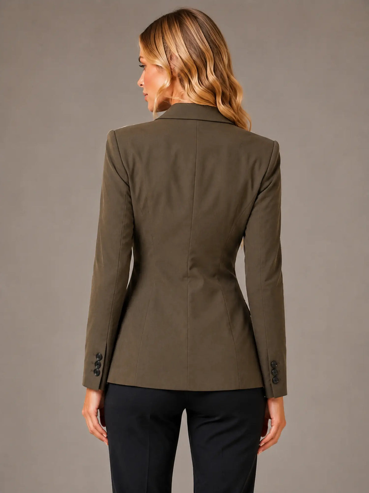 Women's Tailored Blazer – Single-Breasted Office Style in Olive Brown – Back view