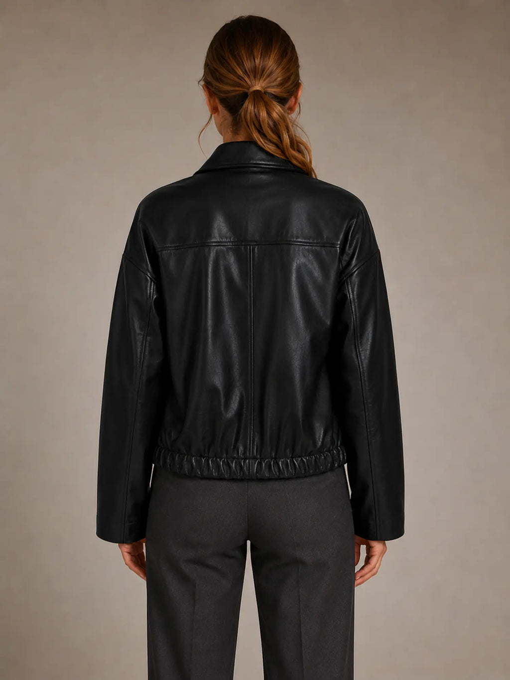 Women's Cropped Leather Jacket – Zip Front with Pockets in Black – Back view