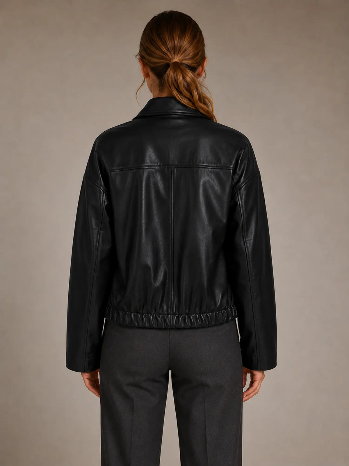 Women's Cropped Leather Jacket – Zip Front with Pockets in Black – Back view