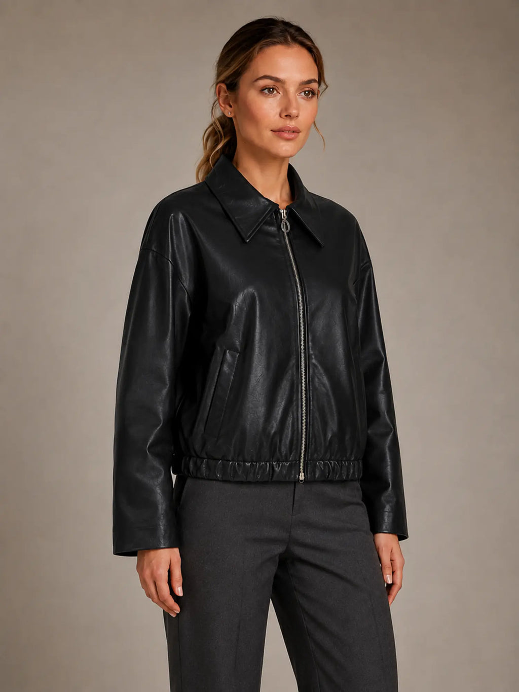 Women's Cropped Leather Jacket – Zip Front with Pockets in Black – Hover view