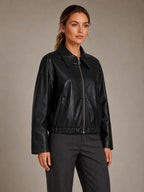 Women's Cropped Leather Jacket – Zip Front with Pockets in Black – Hover view