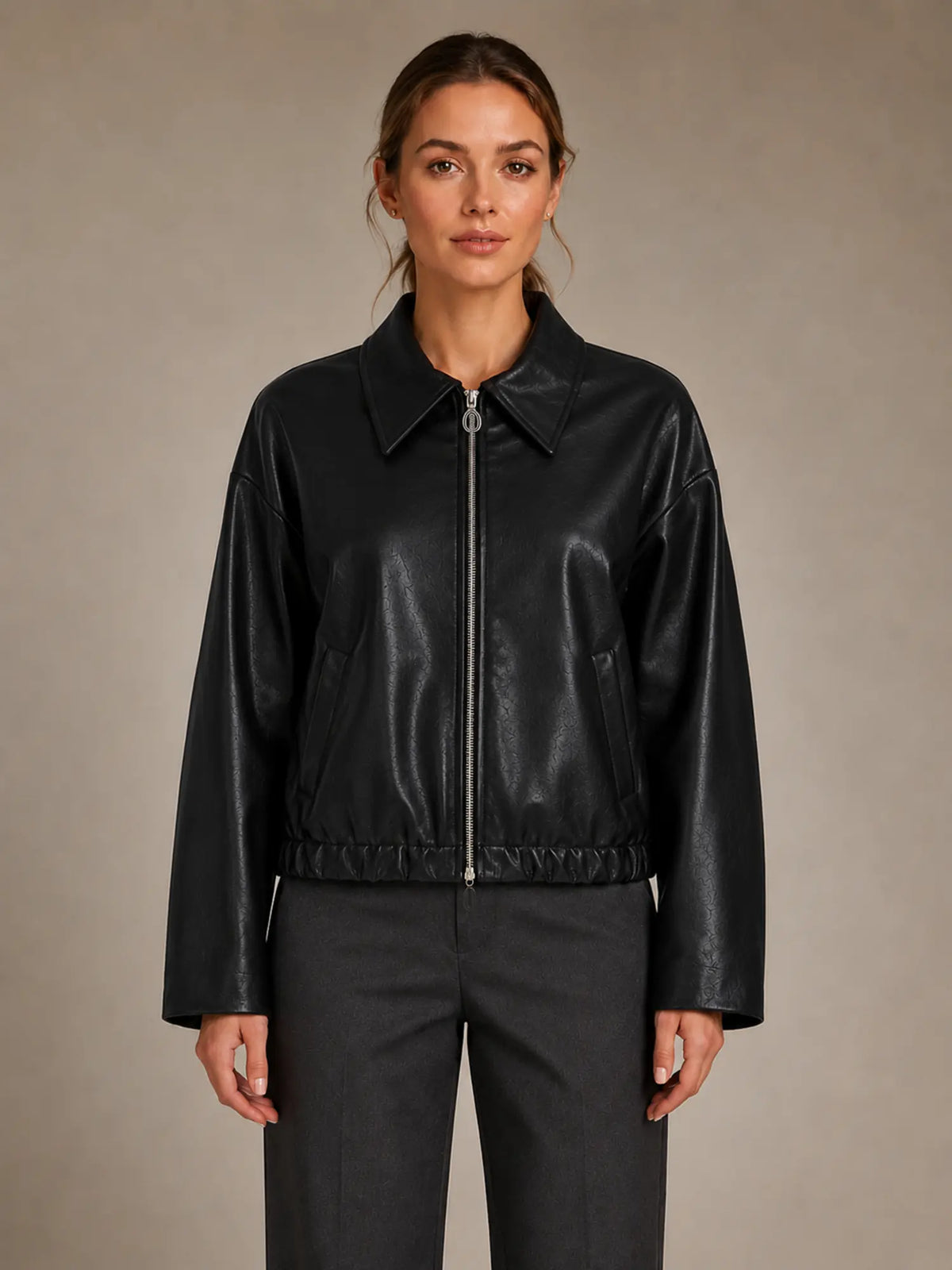 Women's Cropped Leather Jacket – Zip Front with Pockets in Black – Main view