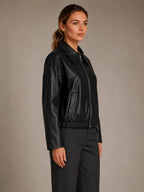 Women's Cropped Leather Jacket – Zip Front with Pockets in Black – Side view