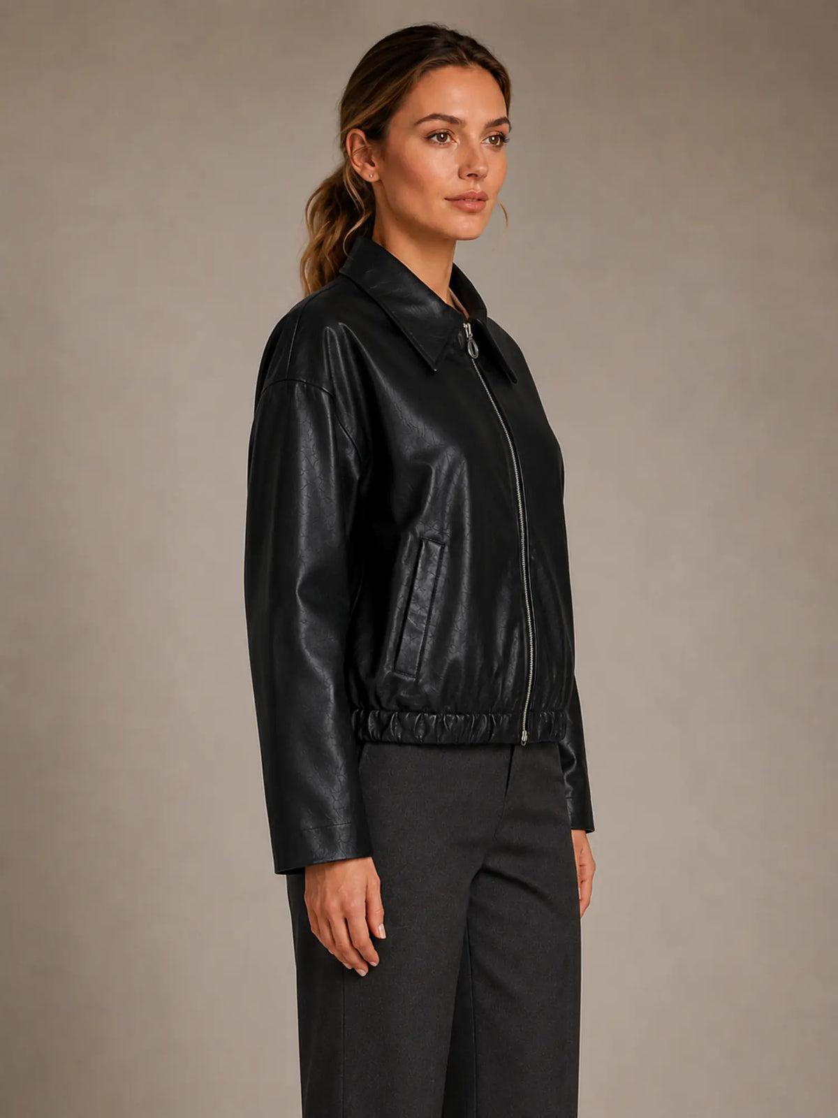 Women's Cropped Leather Jacket – Zip Front with Pockets in Black – Side view