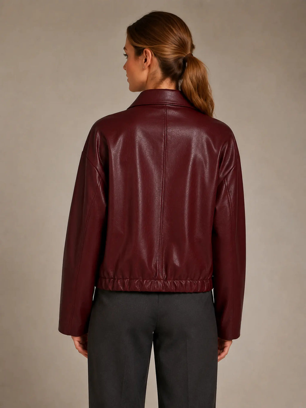 Women's Cropped Leather Jacket – Zip Front with Pockets in Burgundy – Back view