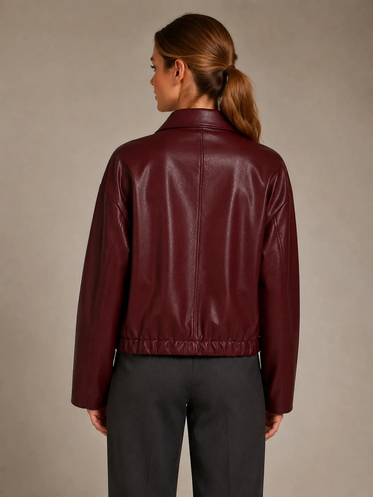 Women's Cropped Leather Jacket – Zip Front with Pockets in Burgundy – Back view