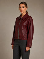 Women's Cropped Leather Jacket – Zip Front with Pockets in Burgundy – Hover view