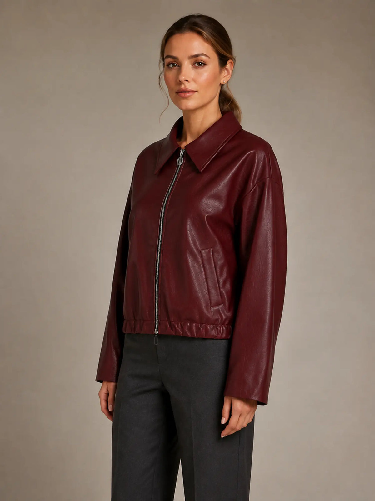 Women's Cropped Leather Jacket – Zip Front with Pockets in Burgundy – Hover view