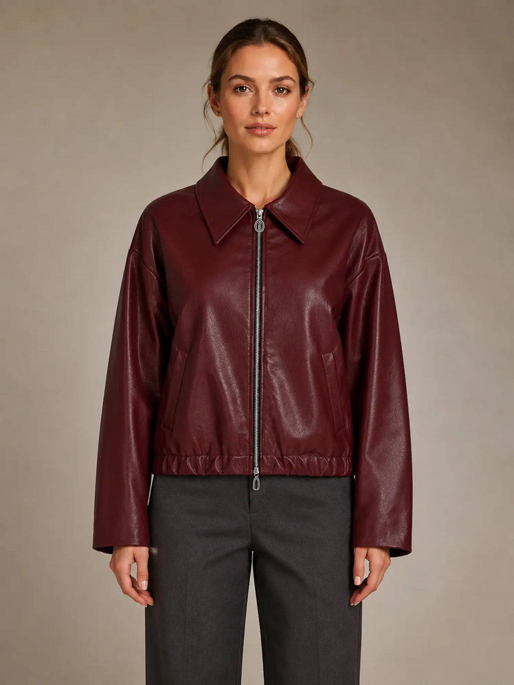 Women's Cropped Leather Jacket – Zip Front with Pockets in Burgundy – Main view
