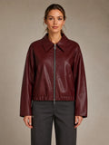 Women's Cropped Leather Jacket – Zip Front with Pockets in Burgundy – Main view