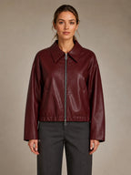 Women's Cropped Leather Jacket – Zip Front with Pockets in Burgundy – Main view