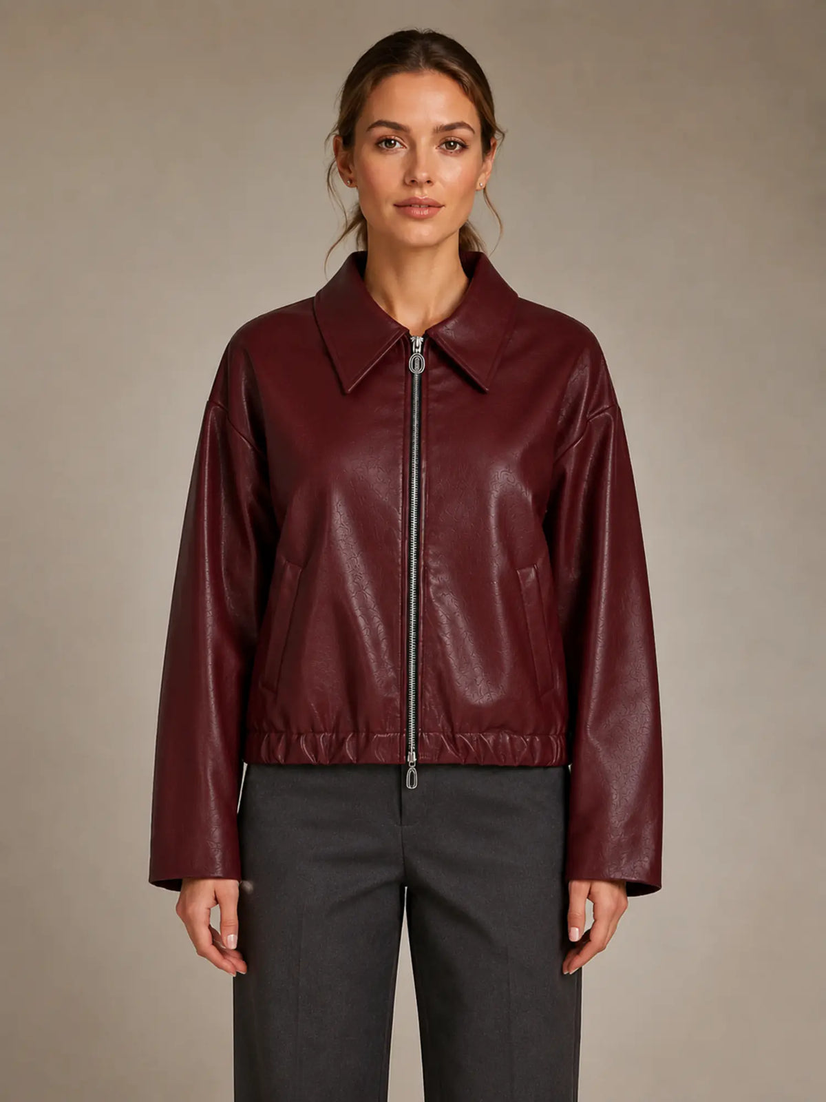 Women's Cropped Leather Jacket – Zip Front with Pockets in Burgundy – Main view