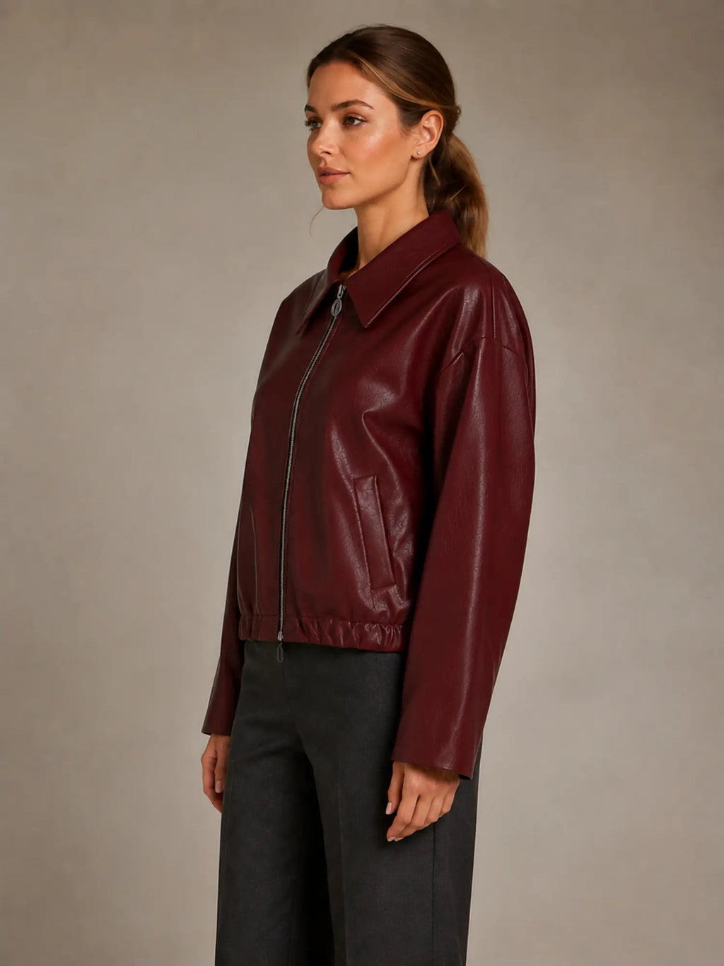 Women's Cropped Leather Jacket – Zip Front with Pockets in Burgundy – Side view