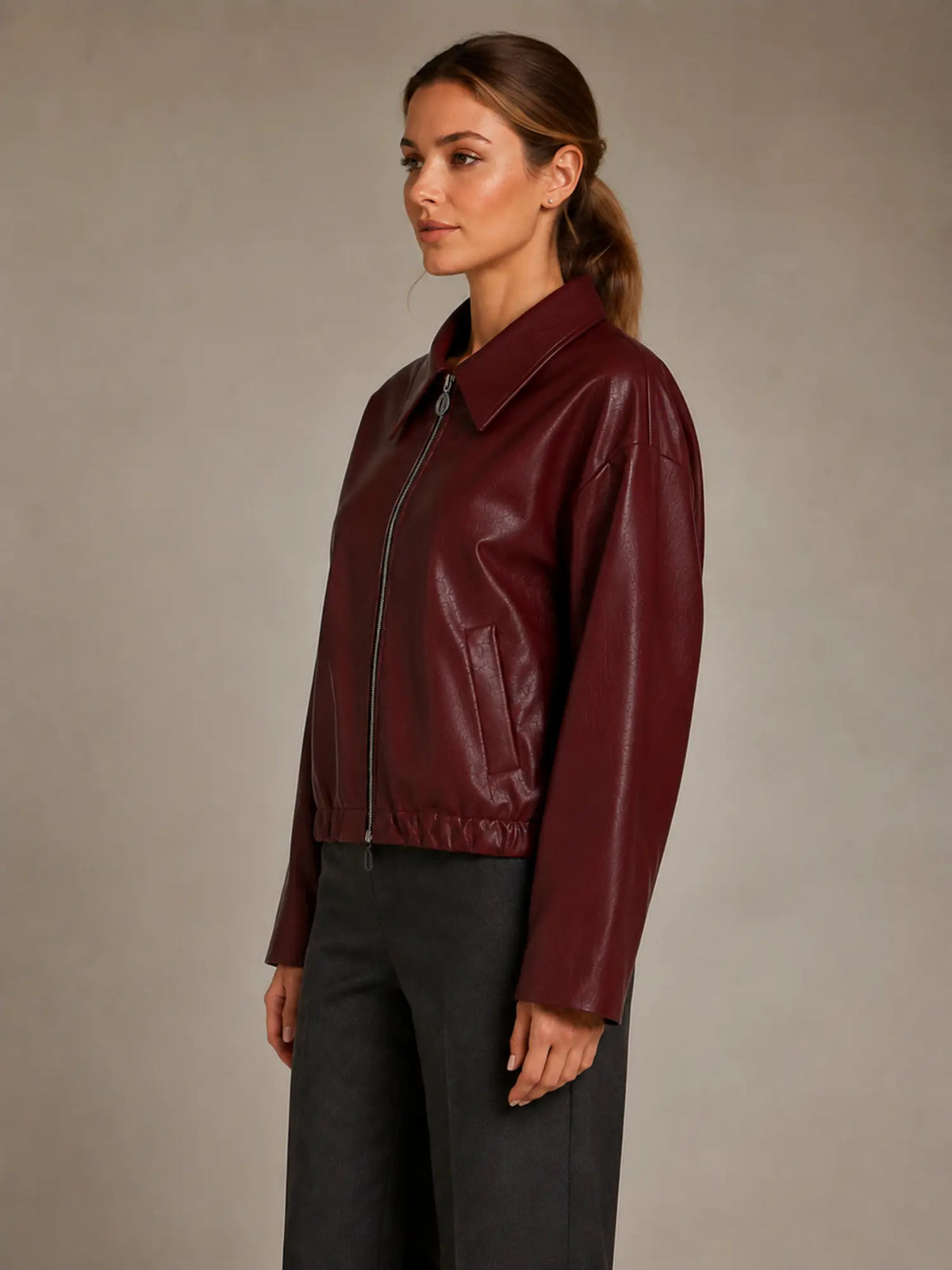 Women's Cropped Leather Jacket – Zip Front with Pockets in Burgundy – Side view