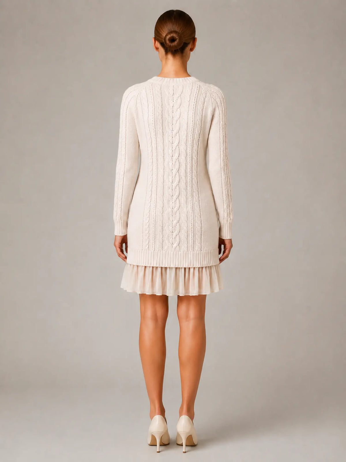 Women's Cable Knit Mini Dress – Pleated Hem Long Sleeve in Cream – Back view