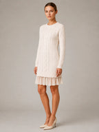 Women's Cable Knit Mini Dress – Pleated Hem Long Sleeve in Cream – Hover view