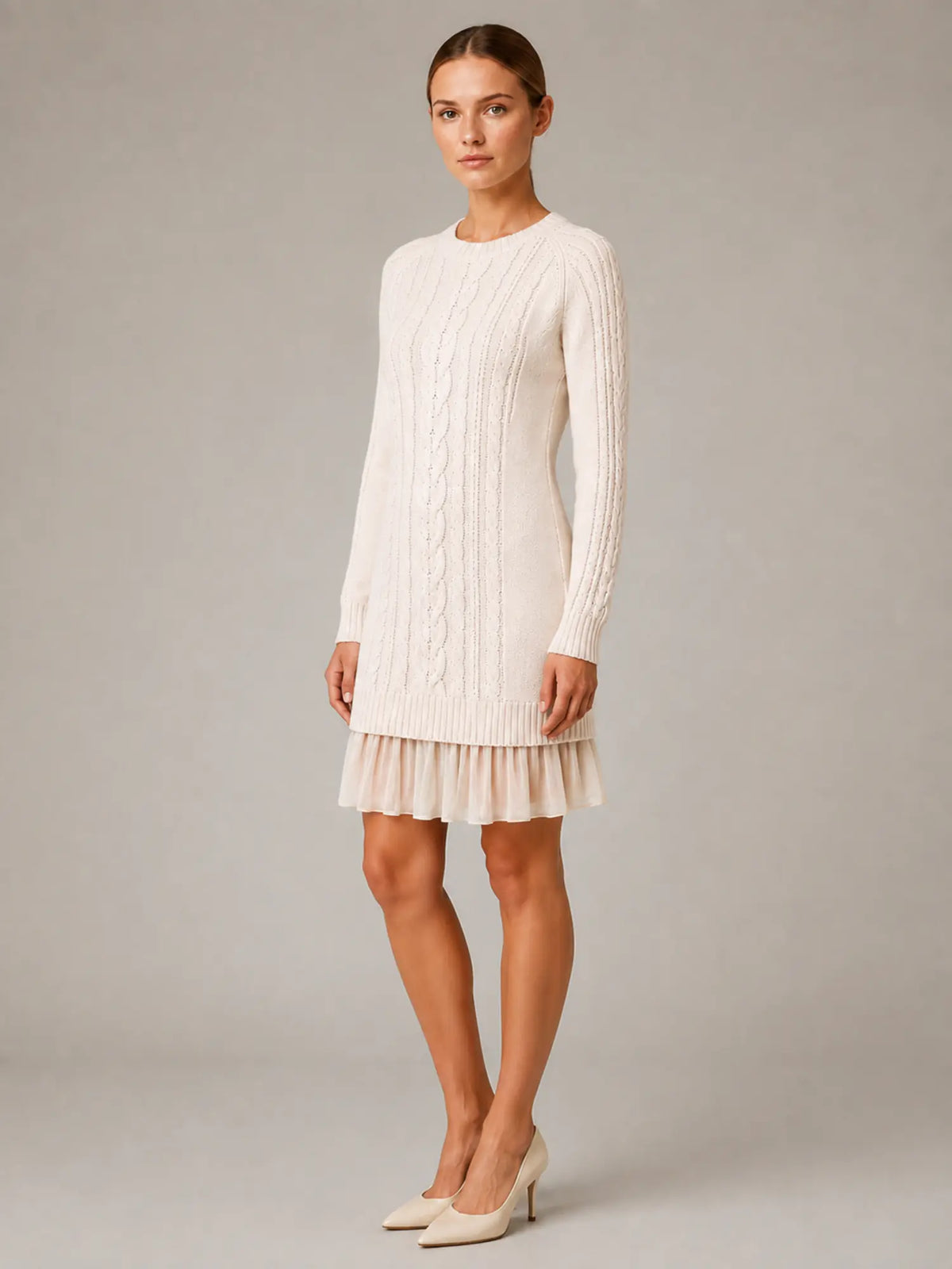 Women's Cable Knit Mini Dress – Pleated Hem Long Sleeve in Cream – Hover view