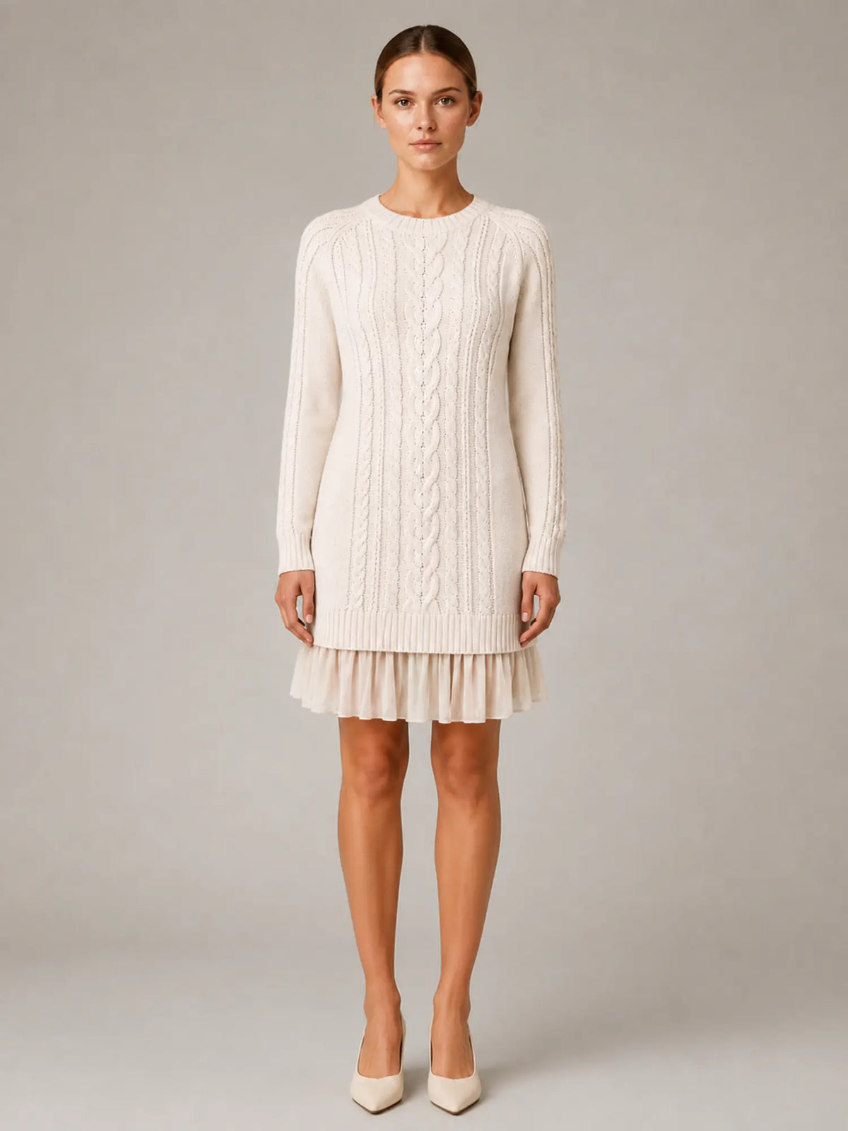 Women's Cable Knit Mini Dress – Pleated Hem Long Sleeve in Cream – Main view