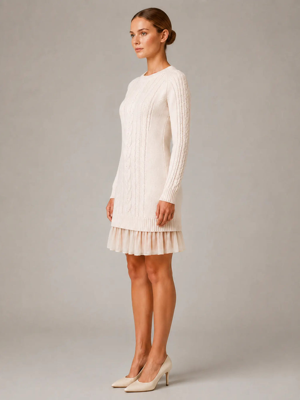 Women's Cable Knit Mini Dress – Pleated Hem Long Sleeve in Cream – Side view