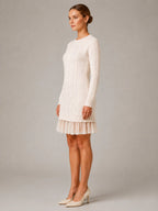 Women's Cable Knit Mini Dress – Pleated Hem Long Sleeve in Cream – Side view