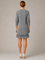 Women's Cable Knit Mini Dress – Pleated Hem Long Sleeve in Grey – Back view